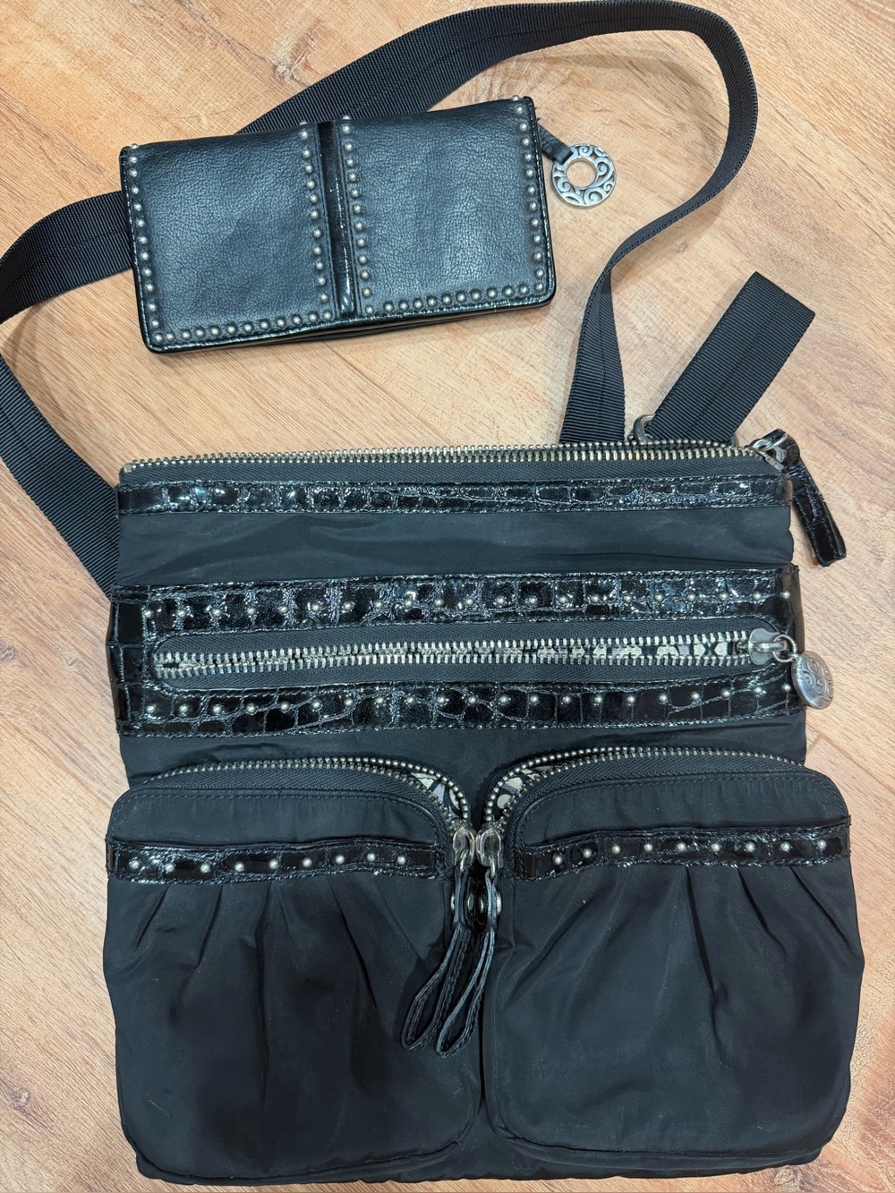 Brighton Black Crossbody Messenger Bag & Matching Wallet Leather Trim Set